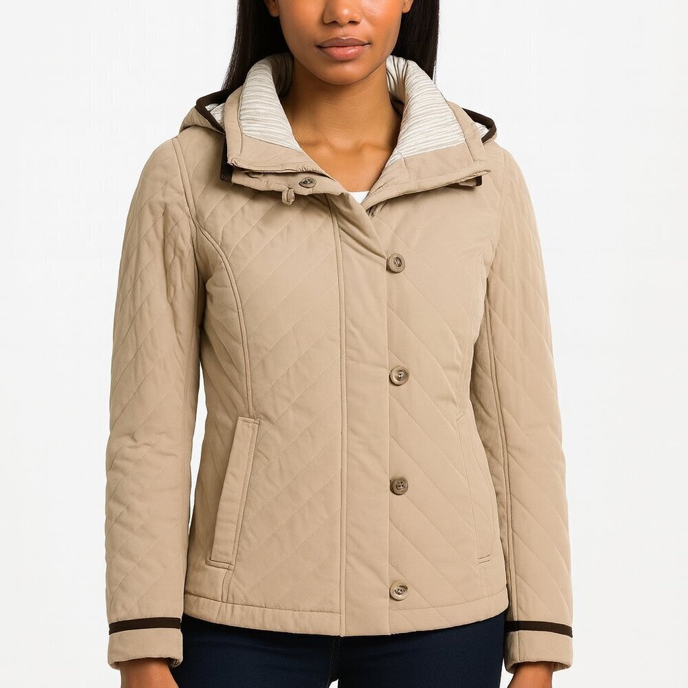 Calvin Klein Women’s Quilted Hooded Beige Zip Button Hook Closure Jacket Small